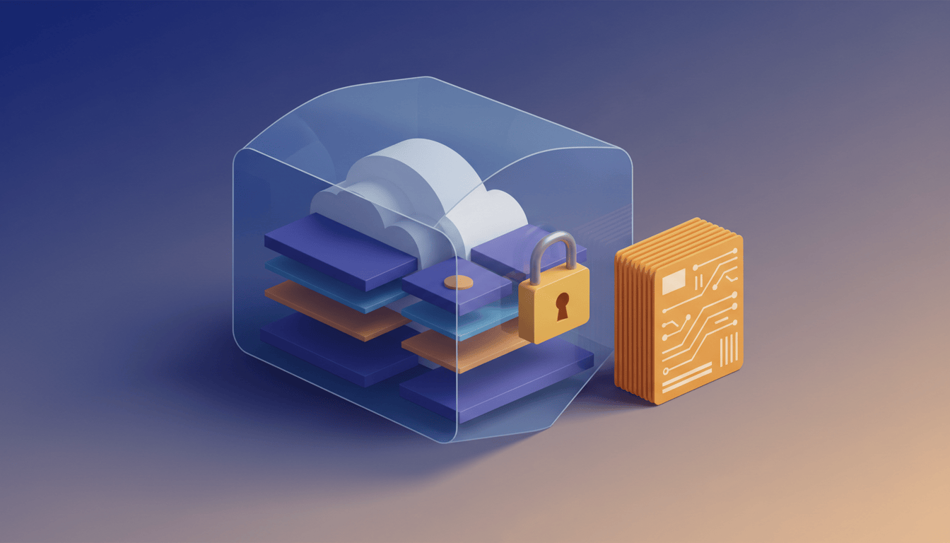 Illustration of cloud infrastructure inside a locked protective case with separate data cards outside.