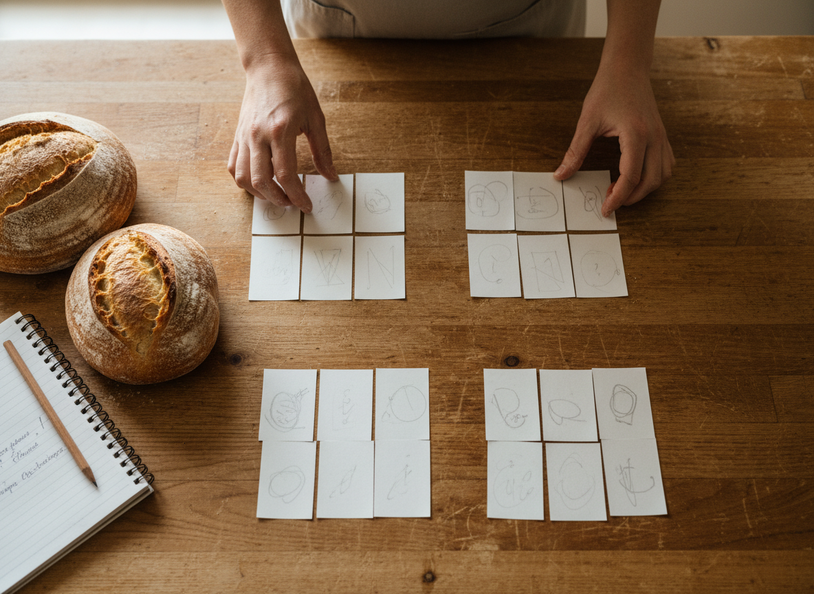 Overhead photographic-style scene of hands grouping customer-question cards beside a notebook and artisan bread.