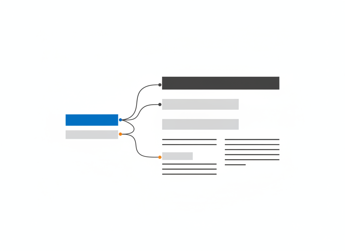 Diagram linking a search-result title and description to a web page with a main heading, subheadings, and body text.