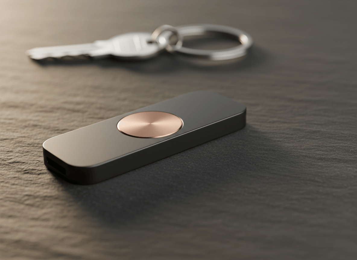Photographic-style close-up of an unbranded USB-C security key with a touch contact on a slate surface.