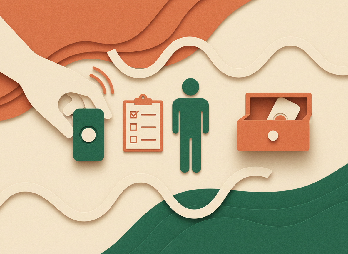 Paper-cut illustration of a daily-use security key and a spare key stored separately beside a recovery checklist.