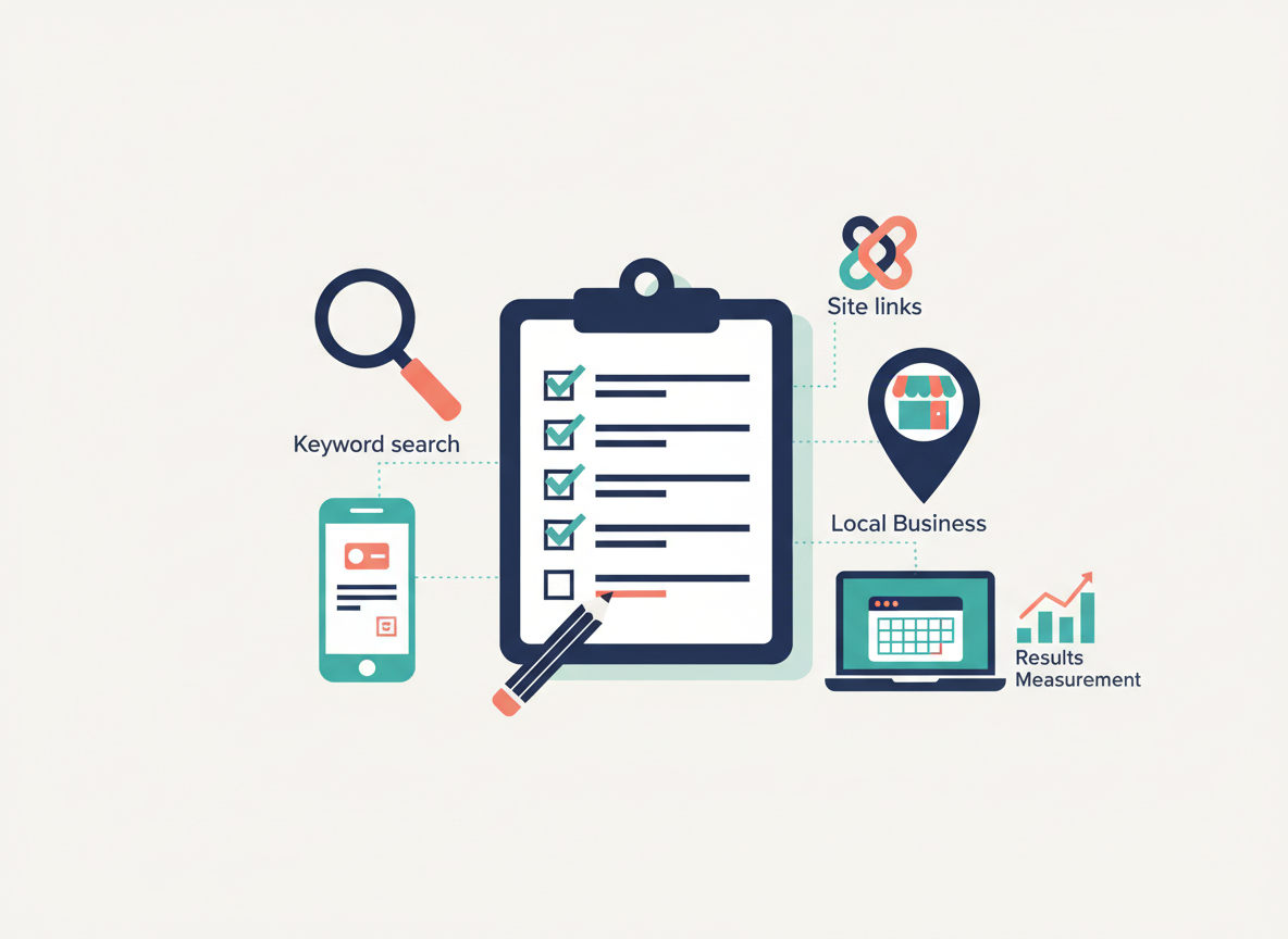 SEO checklist on a clipboard surrounded by icons for search, mobile usability, local business, links, and performance tracking.