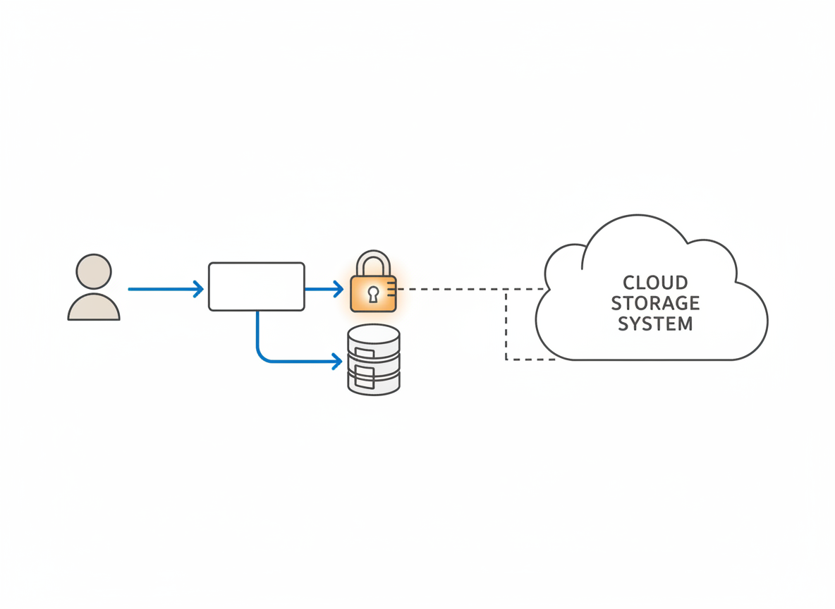 Conceptual diagram showing a locked management route and a separate route to stored data.
