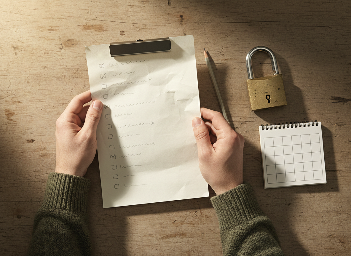 Photographic-style scene of hands reviewing a paper checklist beside a padlock and calendar.