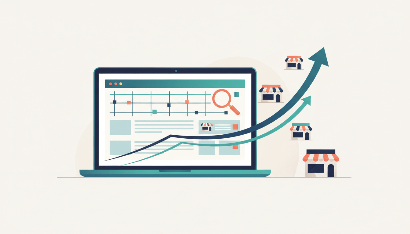 Editorial illustration of a laptop with abstract search results beside an upward growth chart and small storefronts.