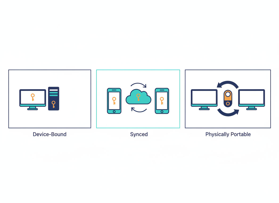Three-panel diagram of a credential on one computer, credentials synced between devices, and a physical key carried between computers.